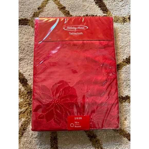 Christmas Holiday Home 70 in Round Red Poinsettia Tablecloth - Picture 1 of 3